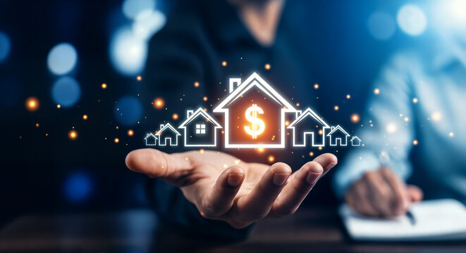 Hand holding glowing digital house icons with a dollar sign, symbolizing real estate investment and financial growth