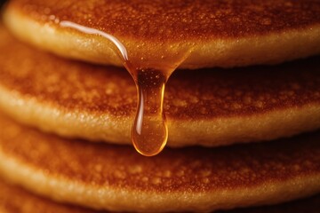 Golden Syrup Dripping Close-Up with Rich Viscous Texture. Dessert, food, sweet, caramel, topping, glossy