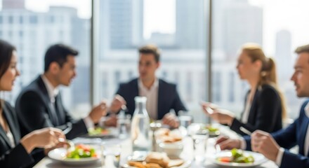 Business Meeting Lunch Blur – Out-of-focus scene of colleagues enjoying lunch and discussing projects