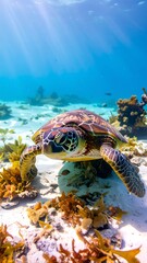 Sea turtle basking in shallow water