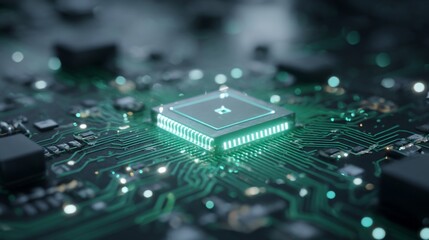 Lit chip on intricate circuit board, green glow, high-tech, shallow depth