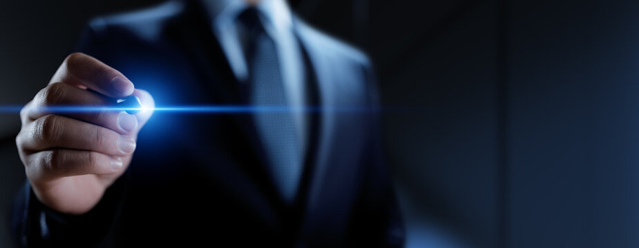 Businessman pressing button on virtual screen, Innovation and Digital Touch Interaction on Futuristic Technology Interface.