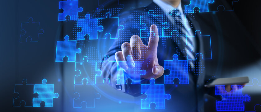 Business Strategy and Global Collaboration Concept with Digital Puzzle Integration.