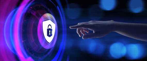 Cyber security information privacy data protection. Hand pressing button.