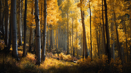 A dense forest of aspen trees with golden leaves during the autumn season sunlight