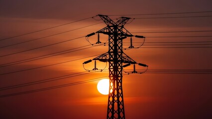 Power lines silhouette against a fiery sunset sky transmission tower