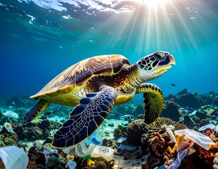 Sea turtle swimming amidst plastic pollution