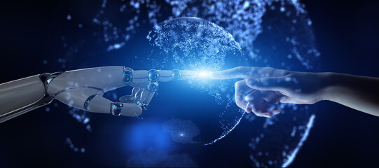 Human and Robotic Hand Connection Representing Artificial Intelligence Integration 3d render.