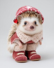 Cute Hedgehog Wearing Red Knitted Christmas Hat and Winter Boots Isolated on White Background | Adorable Anthropomorphic Animal Holiday Portrait for Greeting Cards