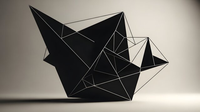 Abstract geometric sculpture with black planes and wireframe edges on white