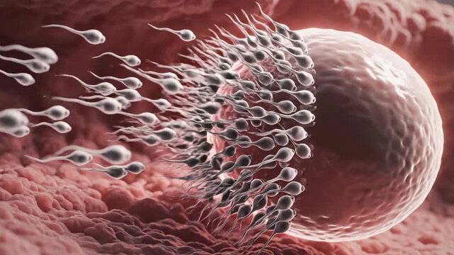 Microscopic biological fertilization process depicting sperm approaching and interacting with an egg cell for conception