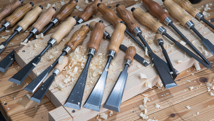 Woodworking tools demonstration chisels on workbench craftsmanship environment close-up view artisan techniques