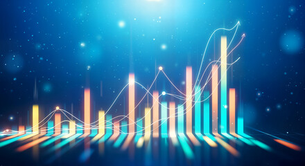 Abstract digital financial data chart with glowing bars and lines illustrating business growth and technology