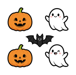 Naklejka premium Cute Halloween icons including pumpkins, ghosts, and a bat