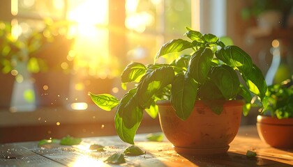 Basil plant in sunny room