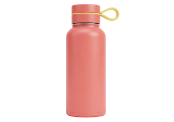 Isolated pink water bottle with yellow handle ideal for sport, hiking and outdoor activity
