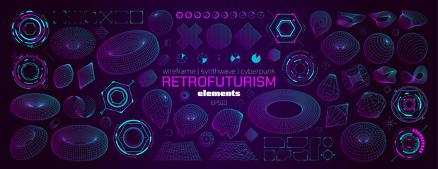 Big set trendy cyberpunk and retrofuturism elements, Postmodern abstract geometric wireframe and vaporwave shapes of different forms, Vector graphic assets kit futuristic style, HUD kit