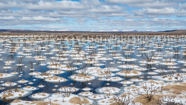 Winter reflections on a frozen wetland scenic landscape nature photography calm environment aerial view serenity and beauty - Powered by Adobe