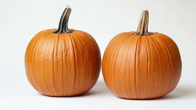 Video Two orange pumpkins sit together on a clean white surface, ideal for autumn or Halloween themed projects