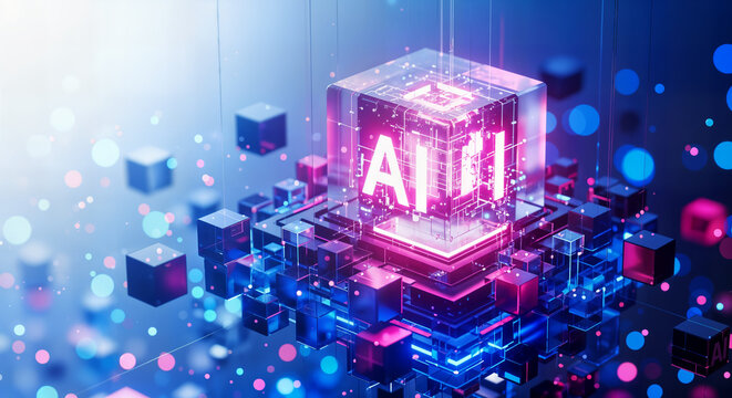 Ai technology represented by a luminous cube surrounded by data blocks and digital connections