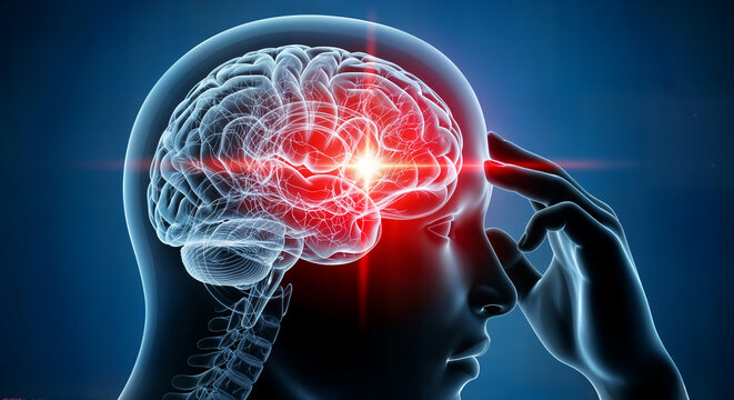 Human head profile with glowing red brain indicating pain or medical condition, hand touching temple