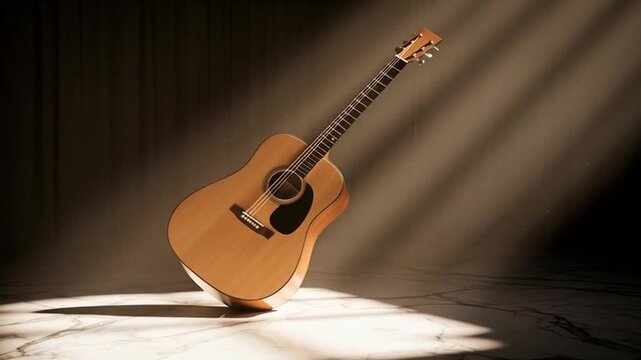 Acoustic Guitar Floating in Dramatic Light, Musical Instrument Concept