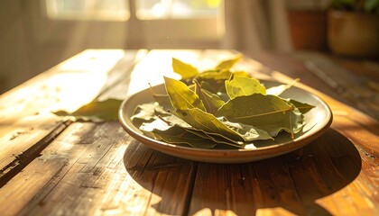 Bay leaves in bowl on wooden table
