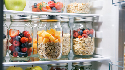 Healthy meal prep fresh fruits and oats in jars kitchen food photography bright environment close-up view wellness concept