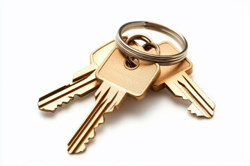 Golden keychain with three metallic keys on white background, symbolizing security and access with shiny and elegant appearance