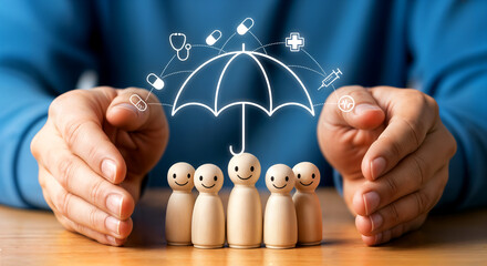Human hands protecting a group of wooden figures under an umbrella with healthcare icons, representing family health insurance and security