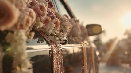 A luxurious car adorned with delicate pink roses and cascading white flowers glistens in the soft light. The floral decorations create an elegant ambiance, celebrating a momentous