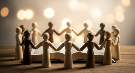 Unity in Faith Concept &mdash; Wooden Figures Holding Hands Around Sacred Bible