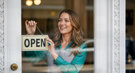 Smiling woman entrepreneur hanging an open sign on her stores front door, ready for business