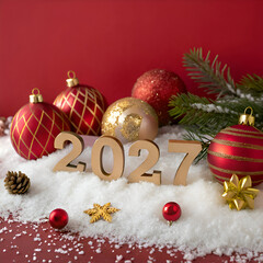 New Year 2027 Celebration. Festive Winter Holiday Decor with Ornaments, Snow, and Red Backdrop. on transparent background