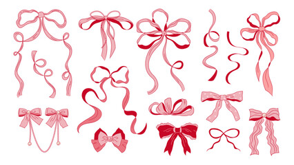 Vintage whimsical red and pink bows, long tied ribbons. Coquette elements on white background