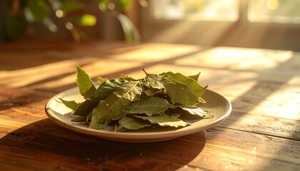 Bay leaves on plate with sunlight