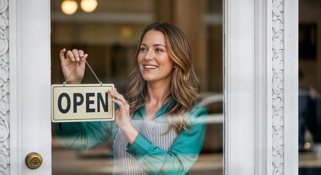 Smiling woman entrepreneur hanging an open sign on her stores front door, ready for business