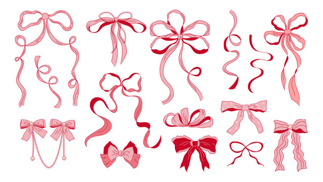 Vintage whimsical red and pink bows, long tied ribbons. Coquette elements on white background
