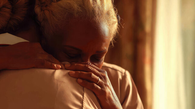 Older woman embracing healthcare worker, head resting on shoulder. - Powered by Adobe