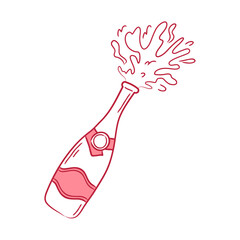 Open bottle of champagne with splashes. Drawn doodle on white background for parties, weddings, celebrations