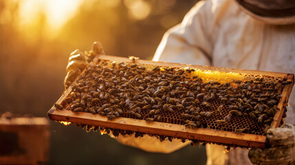 Beekeeper holding beehive frame full of bees and honeycomb.