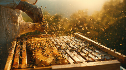 Beekeeper's hands working with bees and a sunlit beehive.