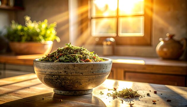 Bowl of herbs on table with sunlight