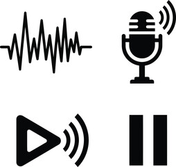 Black icons for audio waveform microphone play and pause