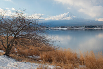 Fuji mountain in winter at Lake Kawaguchiko, Japan
