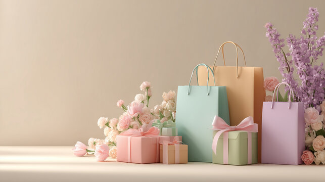 Pastel shopping bags and gift boxes with fresh flowers on soft light background, elegant celebration still life for retail and gifting - Powered by Adobe