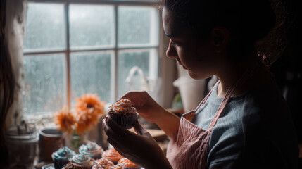 Woman holding frosted cupcake with sprinkles by window light.
