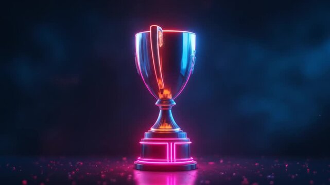 Gold winner trophy with falling confetti ribbons. First place trophy prize, champion award, best success achievement in sports competition. 4k video