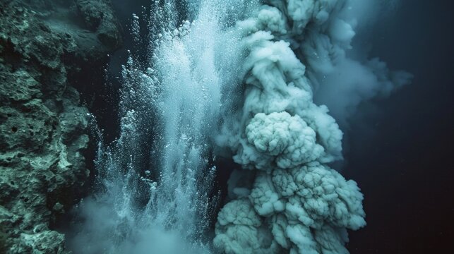 An underwater volcanic eruption with bubbling lava and ash flows demonstrates the destructive power of nature, suitable for dramatic background music in documentary projects  