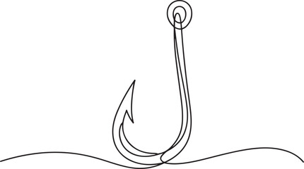 Fishing hook line continuous drawing vector. One line Hook vector. fisherman's equipment icon. Continuous outline of a Fishing hook. one line Icon drawing